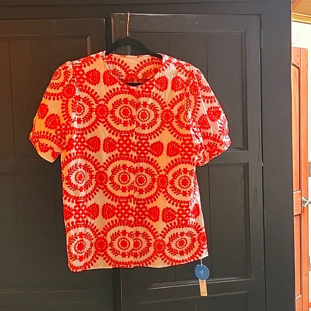 Cupshe shirt sleeve shirt never worn with tags red & white embellished print